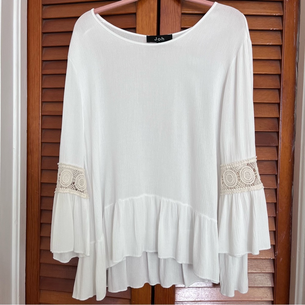 Joh Ruffled Hem White Tunic Crocheted Bell Sleeves